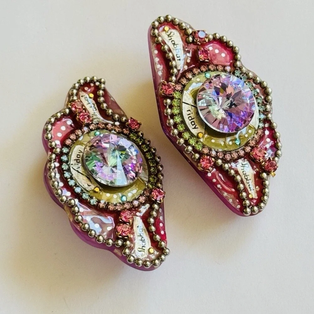 VTG Earrings Austrian Crystal rhinestone Rivoli clip Chunky Sparkly‎ Statement